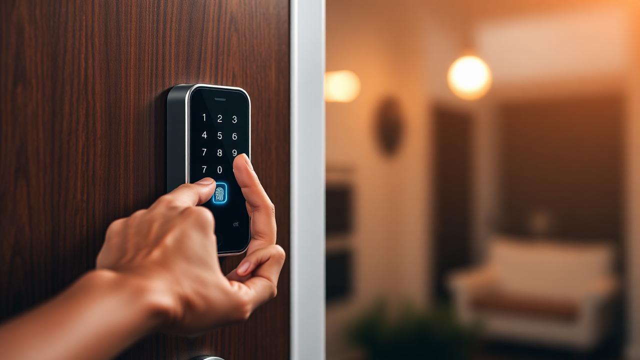 Pessoa desbloqueando fechadura digital com biometria em porta de madeira