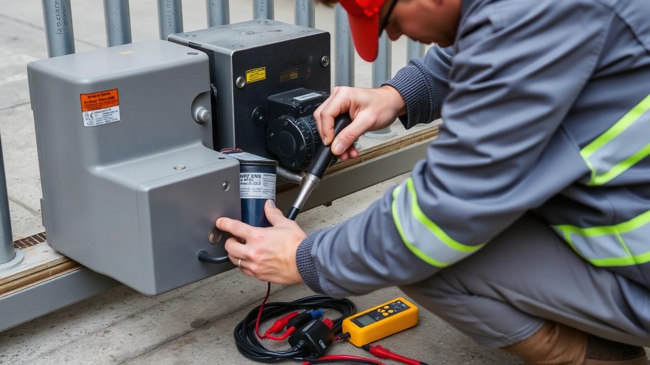 Técnico realizando manutenção preventiva em motor de portão automático