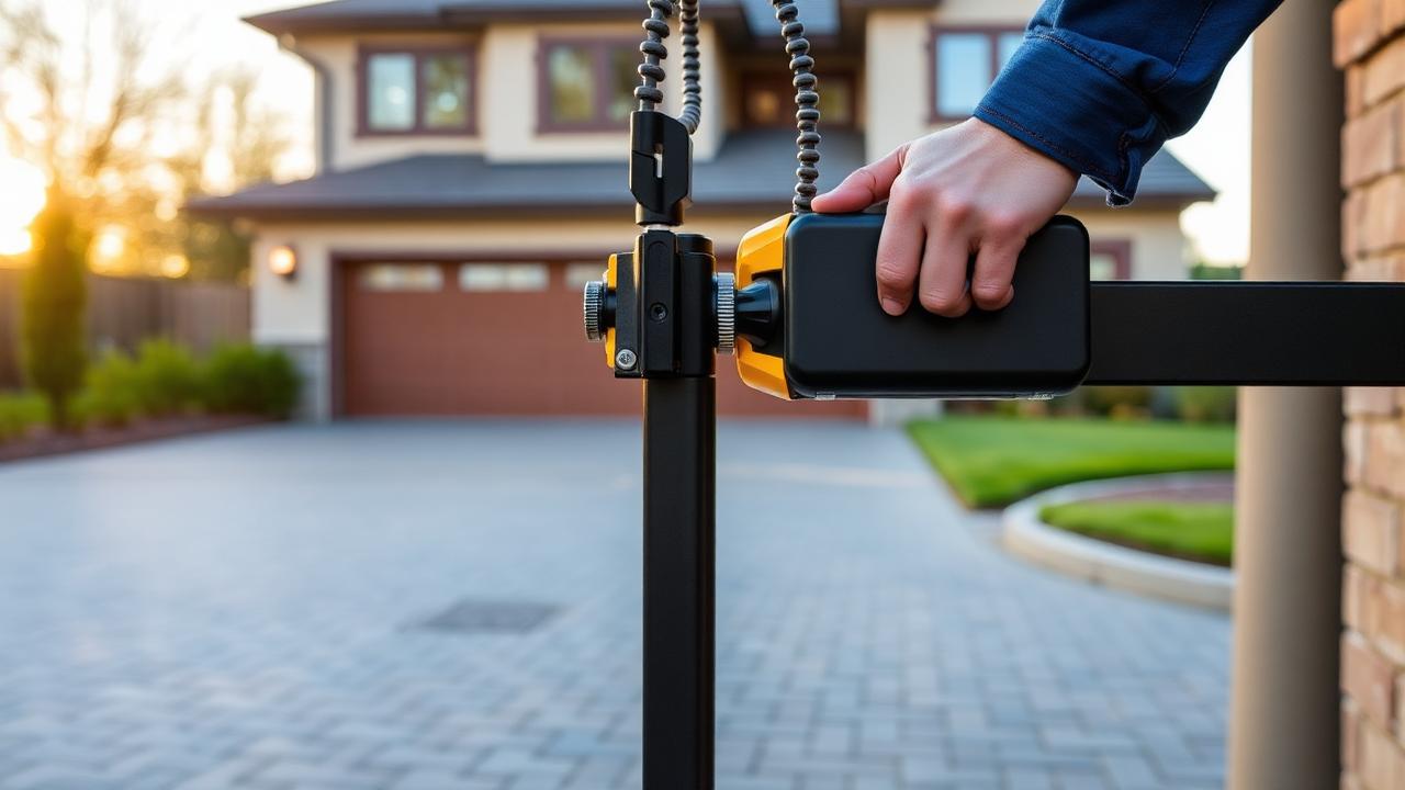 Motor de portão automático residencial sendo instalado em entrada de garagem